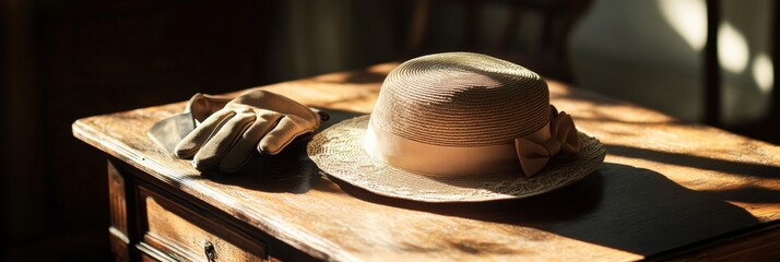 Fototapete - An elegant vintage ladies hat and a pair of gloves are placed on a rustic table, illuminated by warm sunlight in a charming interior. Generative AI