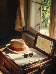 Poster - A travel hat sits atop an opened suitcase alongside maps and travel guides, suggesting the excitement of planning a journey. Generative AI