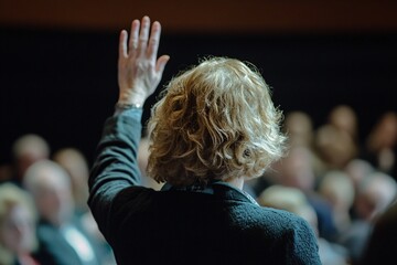 Woman from behind with raised hand in an audience, conference setting, focused hand gesture, soft lighting, medium close-up capturing moment 1