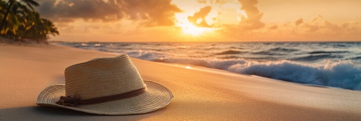 Poster - A straw hat lies on the soft sand of a beach, with gentle ocean waves and a colorful sunset creating a serene atmosphere for relaxation. Generative AI
