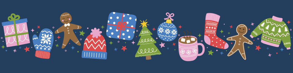 Wall Mural - Colourful and hand drawn Christmas banner. Christmas tree, ball, present, sock, cookie, cup, hat, gloves. Vector illustration