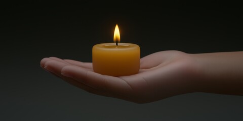 Canvas Print - A child's hand holds a lit yellow candle against a dark background