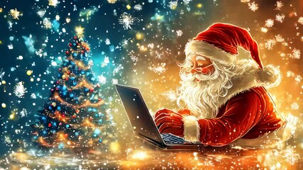 Wall Mural - Santa Claus using a laptop while snowflakes fall near a brightly decorated Christmas tree during the holiday season