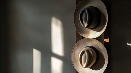 Fototapete - Two classic fedora hats hang on a wooden surface, illuminated by natural light, creating interesting shadows in a warm space. Generative AI