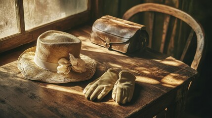 Fototapete - An elegant vintage ladies hat and gloves are beautifully arranged on a rustic wooden table alongside a small leather bag, bathed in soft light. Generative AI