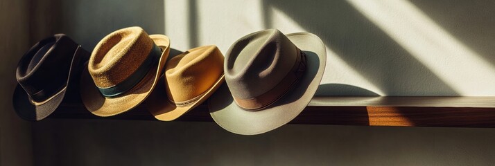 Aufkleber - Classic fedora hats of various colors rest neatly on a wooden shelf, illuminated by soft natural light in a stylish, modern space. Generative AI