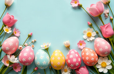 Wall Mural - Easter eggs colorful background with flowers and space in the middle 