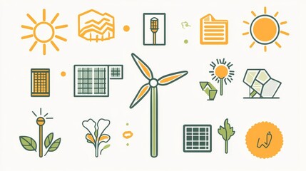 A clean energy concept illustration featuring a wind turbine, solar panels, plants, and various eco-friendly symbols