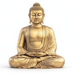 Golden Buddha statue in a meditative pose, isolated on a white background.