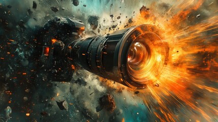 A camera lens explodes with intense energy, surrounded by debris and fire.