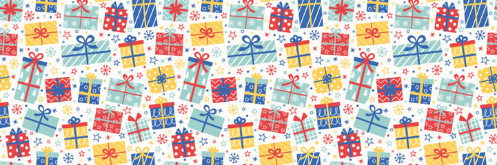 Wall Mural - colourful cartoon gift boxes background. christmas seamless pattern. banner. vector illustration