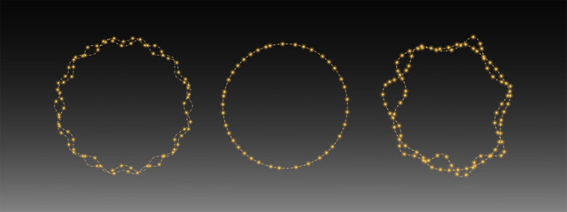 Wall Mural - Round garlands with golden shine on transparent background. Christmas golden sparkling lights garlands. Garlands with light effect. Vector EPS 10