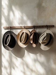 Aufkleber - A selection of fedora hats in various colors hangs on a wooden rack, illuminated by gentle sunlight streaming through a nearby window. Generative AI
