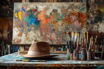 Aufkleber - An artist's hat lies next to paint tubes and brushes on an easel, showcasing a creative workspace filled with colors and inspiration. Generative AI