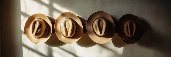 Leinwandbilder - Classic fedora hats hang on a wall, illuminated by gentle sunlight that casts beautiful, elongated shadows across the surface. Generative AI