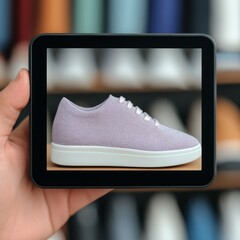 Hand holding a tablet displaying a purple sneaker on a wooden surface.