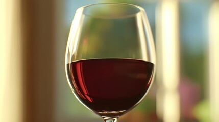 A close-up shot of a wine glass filled with deep red wine, reflecting soft light and showcasing rich hues.