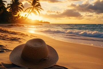 Aufkleber - A straw hat lies on the warm sand as the sun sets, casting golden hues on the beach and waves, with palm trees gently swaying. Generative AI