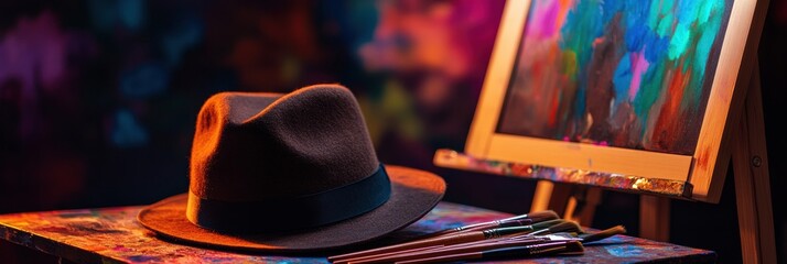 Aufkleber - A brown hat lies next to various paint tubes and brushes on an easel, surrounded by a colorful array of artistic potential. Generative AI