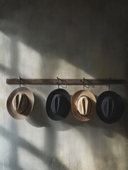 Leinwandbilder - Four classic fedora hats are neatly arranged on a wooden rack, illuminated by soft light and casting gentle shadows. Generative AI