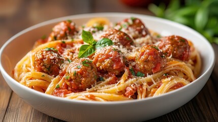 Wall Mural - A steaming bowl of delicious linguine gratin topped with savory meatballs in rich tomato sauce on a rustic wooden table during dinner time