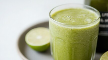 Canvas Print - Refreshing green smoothie in a glass with a lime on a plate, showcasing healthy drink options for wellness enthusiasts during brunch