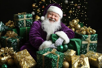 Santa in Purple Suit Surrounded by Green and Gold Christmas Presents. Generative AI.