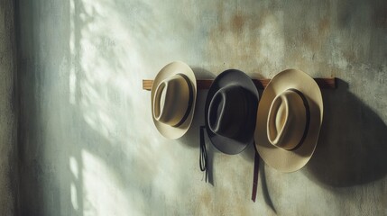 Aufkleber - Classic fedora hats are neatly arranged on a wooden rack, illuminated softly by natural light in a cozy indoor setting. Generative AI