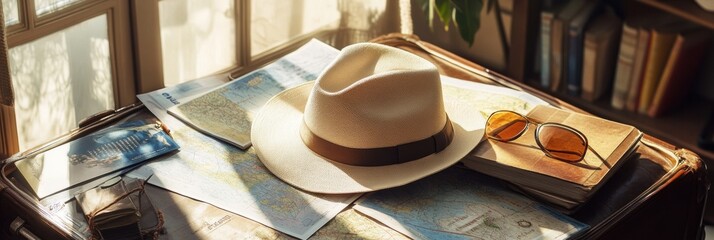 Aufkleber - A travel hat sits on an open suitcase, surrounded by colorful maps and travel guides, ready for an adventure in the sun. Generative AI