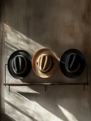 Aufkleber - Three classic fedora hats rest on a rustic shelf, beautifully highlighted by soft afternoon light streaming through a window. Generative AI