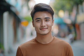 a joyful young man poses for the camera with a bright smile on a city street.