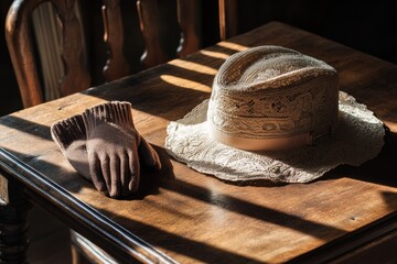 Aufkleber - A vintage lady's hat and soft gloves lie quietly on a rustic wooden table, illuminated by gentle beams of afternoon sunlight. Generative AI