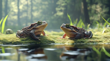 Toads walking over moss at a pond created with Generative AI