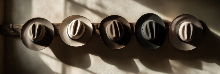 Aufkleber - Five classic fedora hats are displayed on a wooden rack, featuring various colors and casting striking shadows in warm sunlight. Generative AI