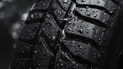 Close-Up of Wet Car Tire Tread in Black and White