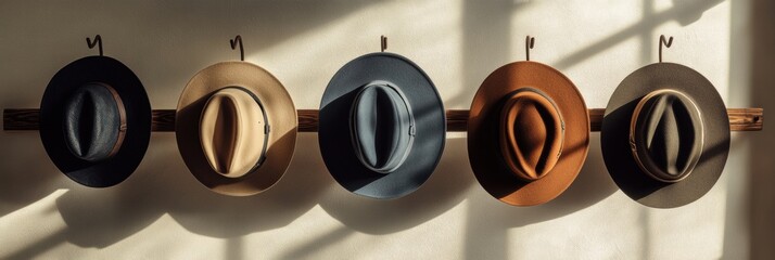 Aufkleber - Several stylish fedora hats hang neatly on a wooden rack, enjoying the warm sunlight streaming through a nearby window. Generative AI