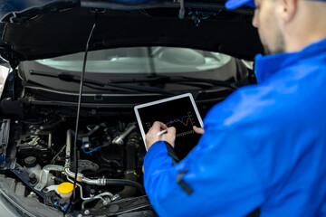 Wall Mural - Mechanic using a tablet to diagnose car issues under the hood in an auto repair shop