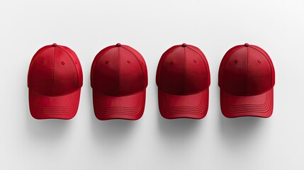 Four Red Baseball Caps Arranged in a Row on a Plain Background Generative AI