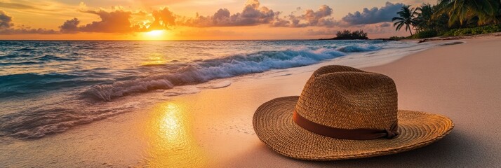 Aufkleber - A straw hat lies on warm golden sand as the sun sets, creating a serene atmosphere with soft waves and tropical foliage nearby. Generative AI