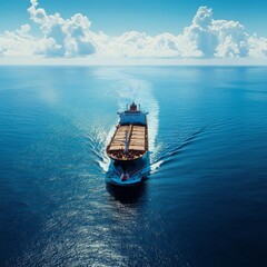 A large ship sails across the vast blue ocean.