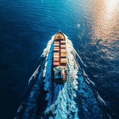 A large ship sails across the vast blue ocean.