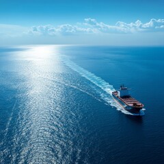 A large ship sails across the vast blue ocean.