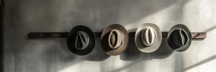 Leinwandbilder - Four stylish fedora hats hang in a row on a wooden rack, illuminated by gentle sunlight filtering through a nearby window. Generative AI