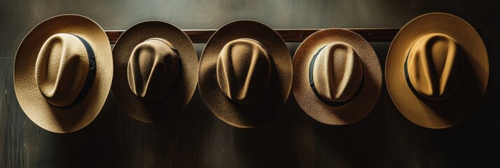 Aufkleber - Five classic fedora hats are arranged neatly on a wooden rack, showcasing their unique styles and textures in a cozy environment. Generative AI