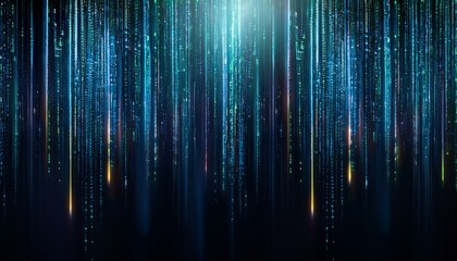 Abstract digital background with streaks of light and digital code in blue, green, and yellow colors.
