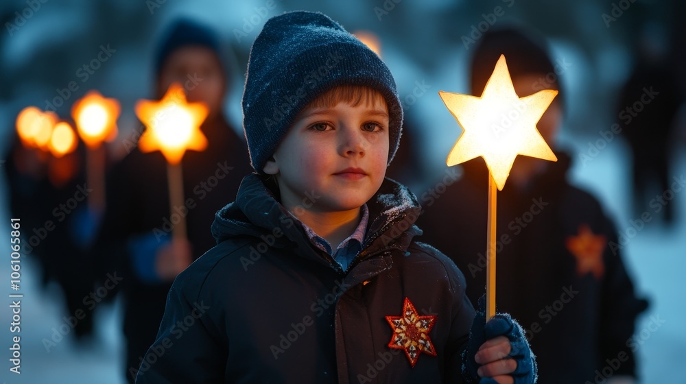 Epiphany star procession through snowy streets, children carrying ...