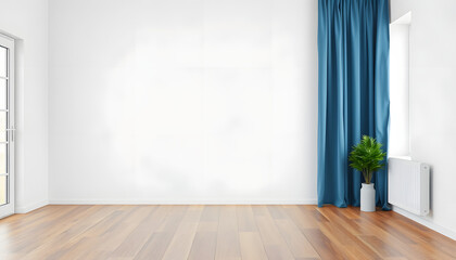 Wall Mural - Blank white mock up wall in modern living room with wooden floor and blue curtain isolated with white highlights, png