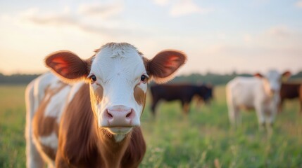 A close-up of a cow grazing peacefully in a lush green pasture. Perfect for use in agricultural, farming, and nature-related design projects. advertising of milk or dairy products