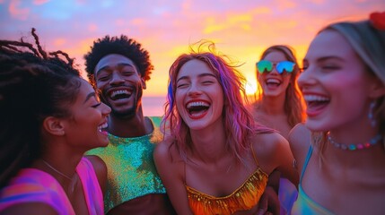 Diverse Group of Friends Celebrating Outdoors at Sunset