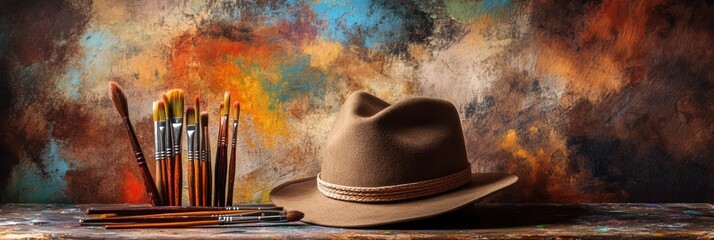 Aufkleber - An artist's hat lies next to an assortment of brushes and paint tubes on a rustic easel, surrounded by a vibrant backdrop. Generative AI